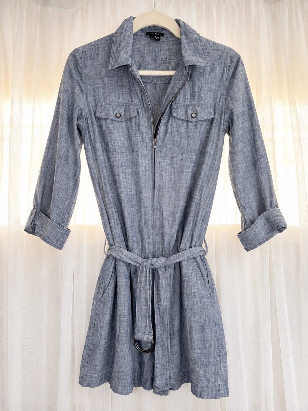Theory Light Blue Long Sleeve Chambray Shirt Dress with Belt